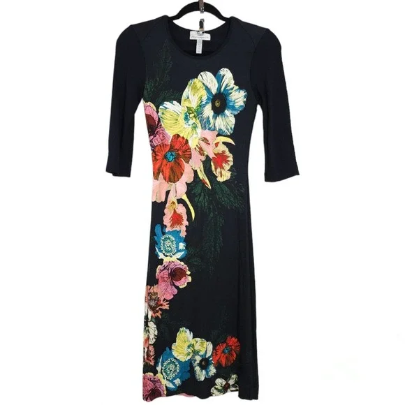 Erdem Womens Dress Allegra Red Black Floral 3/4 Sleeve Knee Length Bodycon 2 XS - Picture 1 of 10